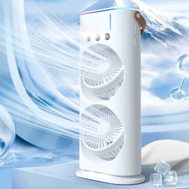Portable water mist fan, summer mini evaporative air cooler, household double-head water-cooled fan with LED lights Peaceful Pleasures Health and Wellness