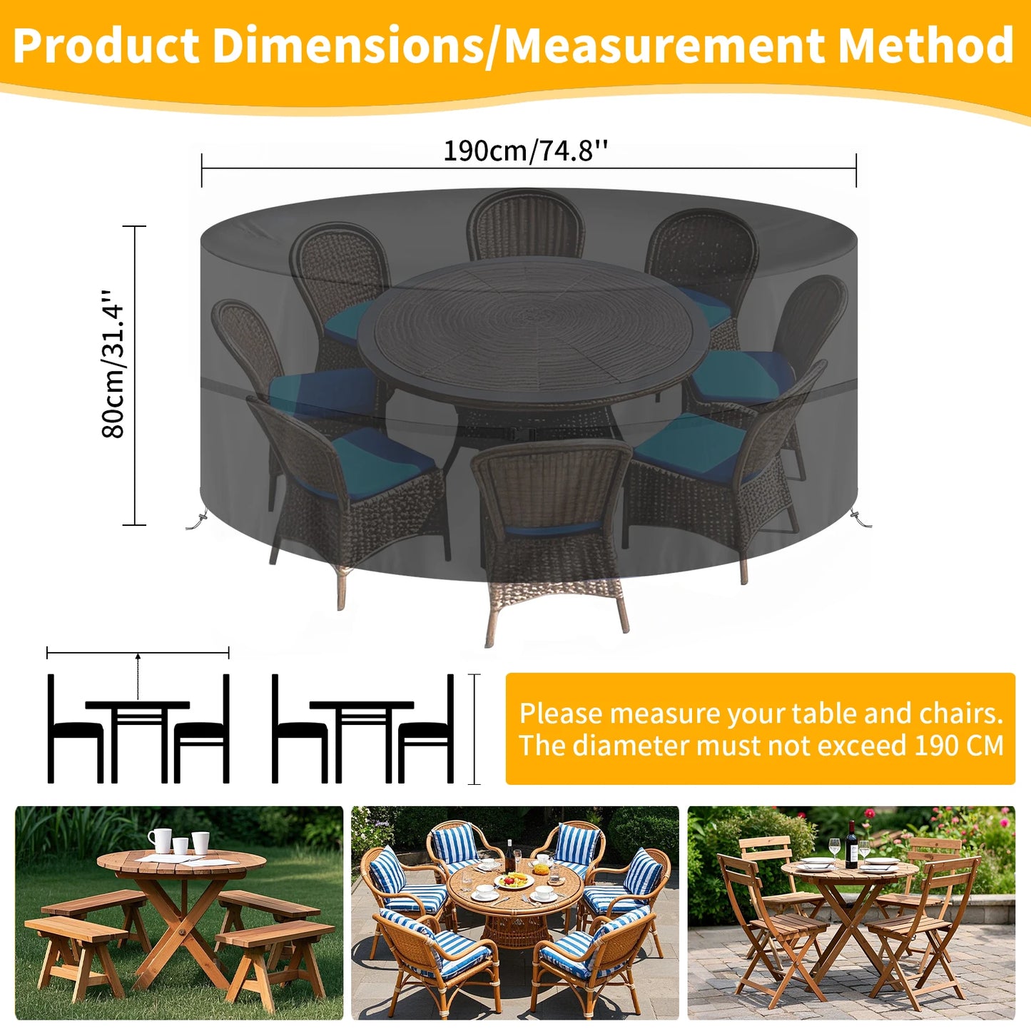 130-230cm Round Furniture Cover Outdoor 210D Waterproof Weatherproof Anti-UV Tear-Resistant Oxford Fabric Table Chairs Covers Peaceful Pleasures Health and Wellness 190x80cm