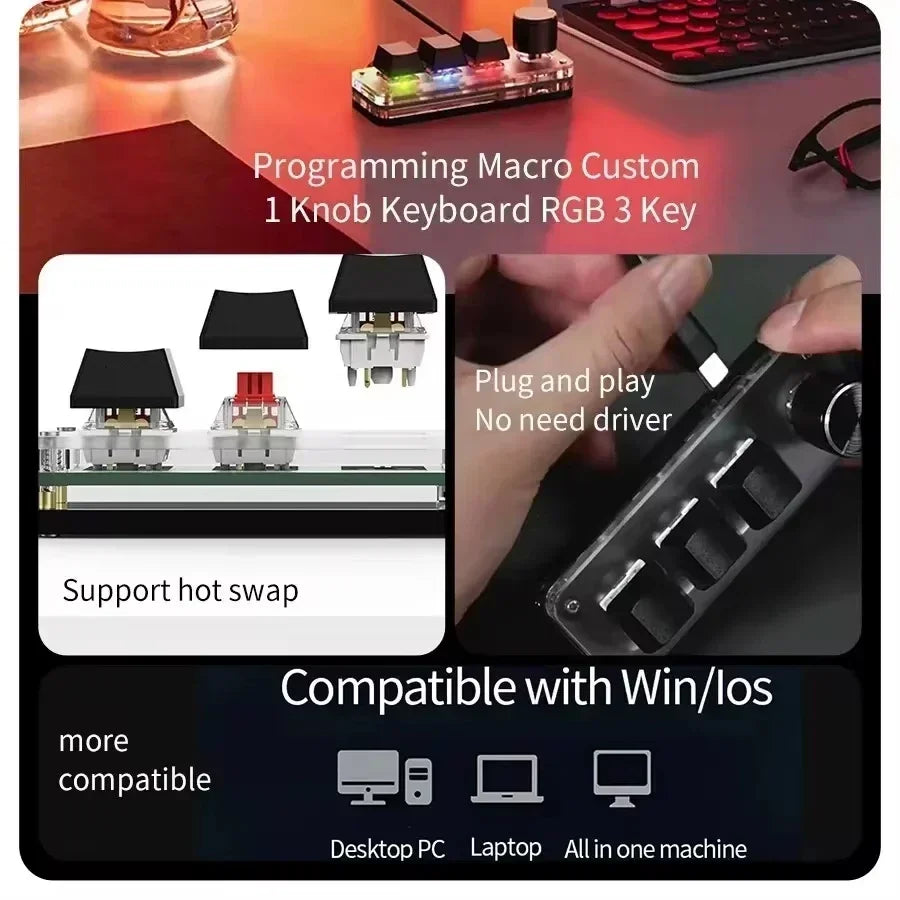 RGB 3 key Customize Wired Mini Keyboard Macro Knob Copy Paste Shortcut Key E-sports Game Mechanical Hot Swap Mini Keyboard Peaceful Pleasures Health and Wellness
