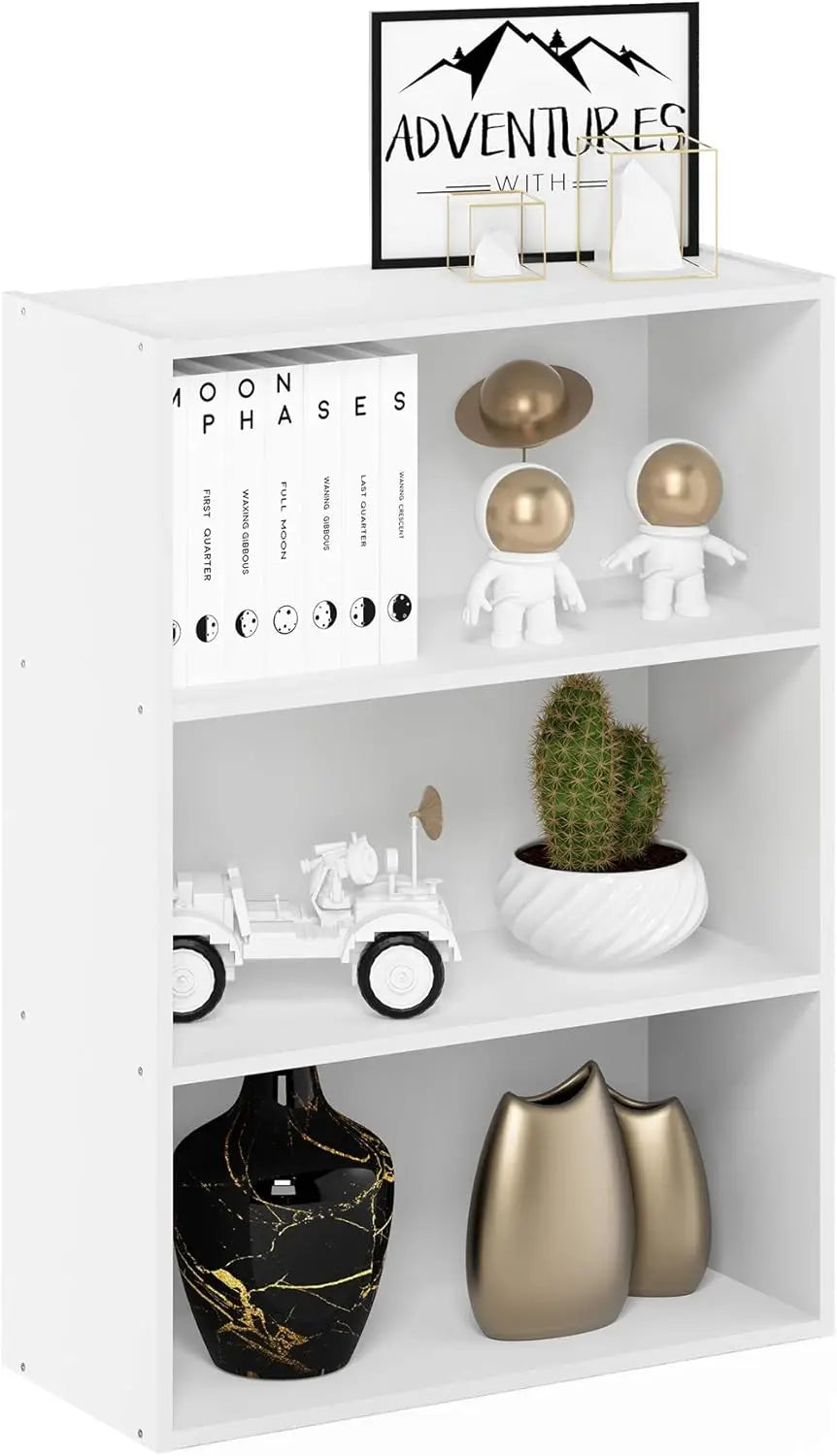 White bookshelf with decorative items including books, vases, and a framed picture.