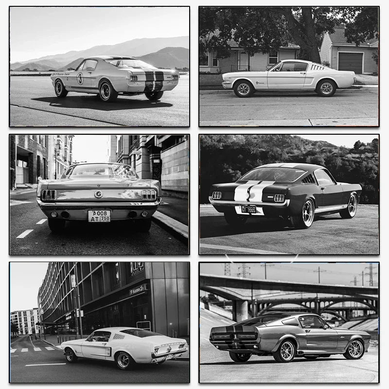 Black and White Ford Mustang Classic Luxury Car Poster Canvas Painting Print Wall Art Picture for Living Room Shopstore Decor Peaceful Pleasures Health and Wellness