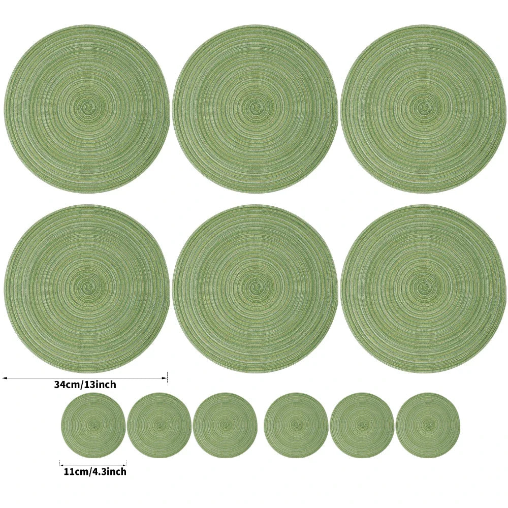 Round Braided Set of 6 Washable Round Placemats for Christmas Kitchen Wedding Dining Table 34cm Woven Heat Resistant Place Mats Peaceful Pleasures Health and Wellness Green 1 set Round