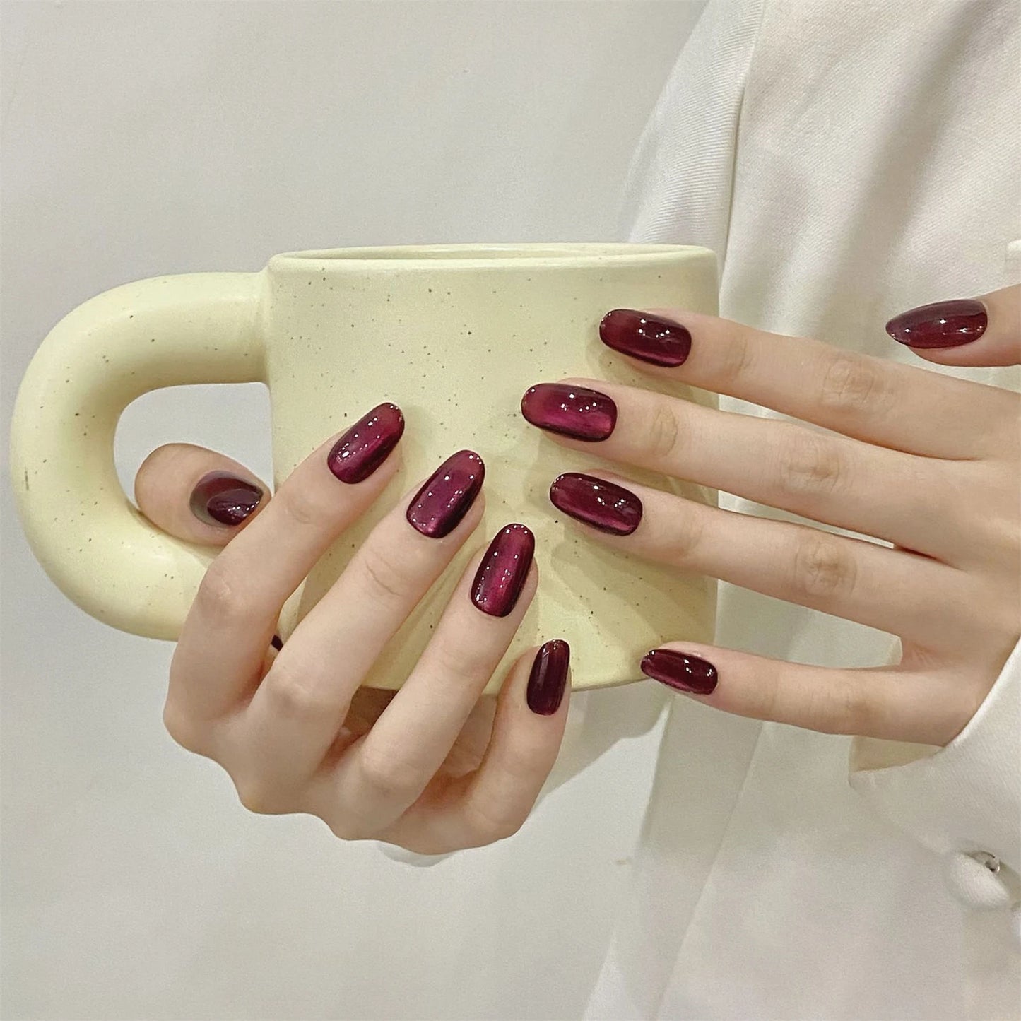 Handmade Press on Nails Shiny Dark Plum Cat Eye False Nails for Lady Daily Wearable Reusable Short Oval Head Fake Nail Tips Peaceful Pleasures Health and Wellness