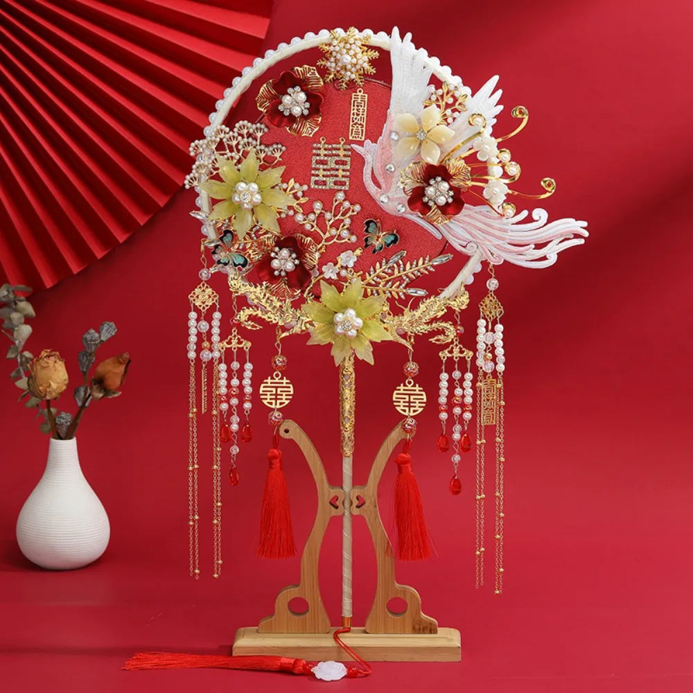Handmade Chinese Bridal Fan – Silk Tassel & Flower Wedding Fan
