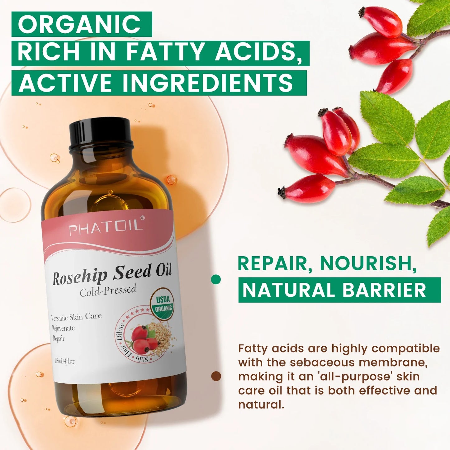 PHATOIL 118ml Organic Jojoba & Rosehip Seed Carrier Oil