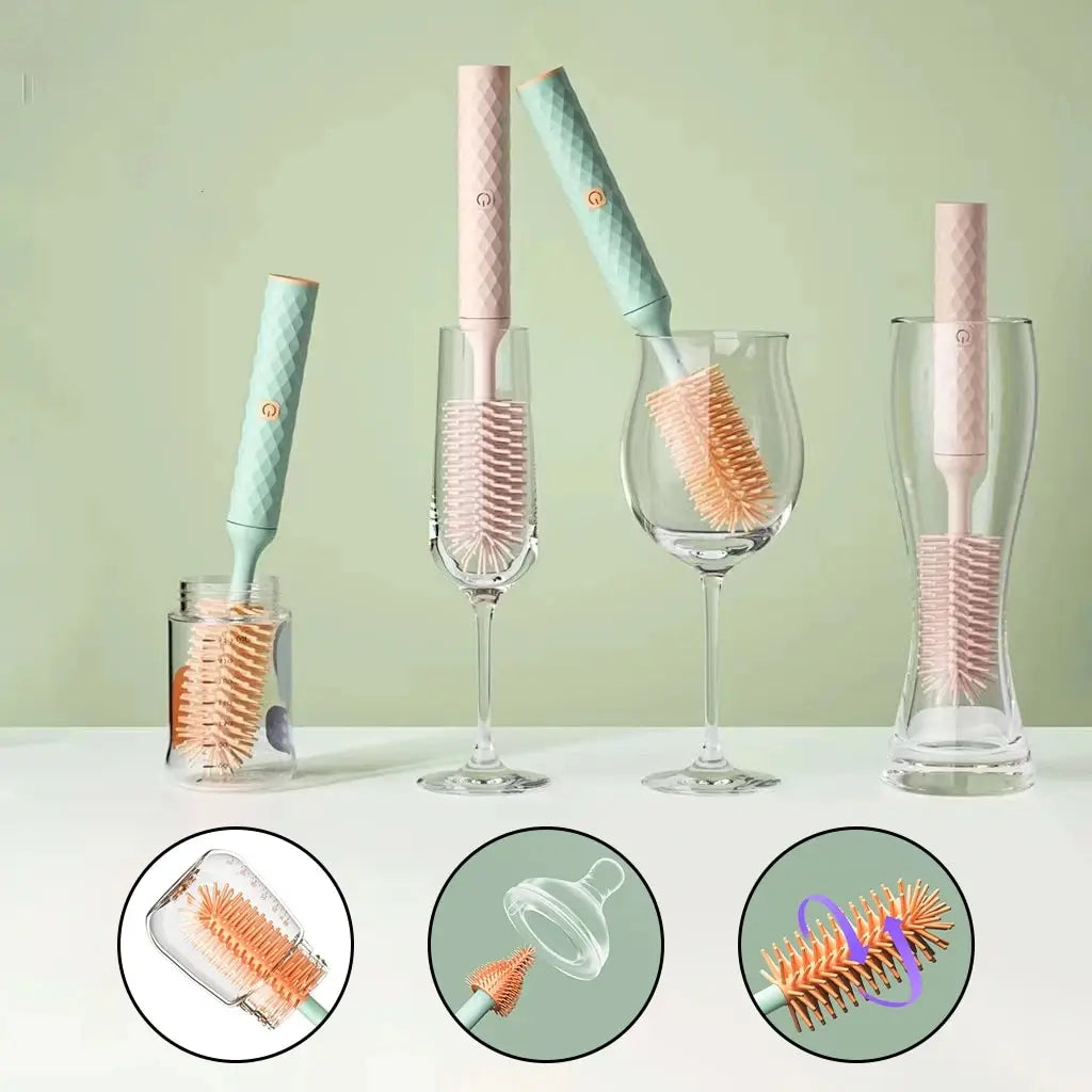 3Pcs Cleaning Brush Electric Bottle Brush Waterproof 360 Degree Rotating Long Handled Silicone Straw Pacifier Cleaning Brush Bay Peaceful Pleasures Health and Wellness