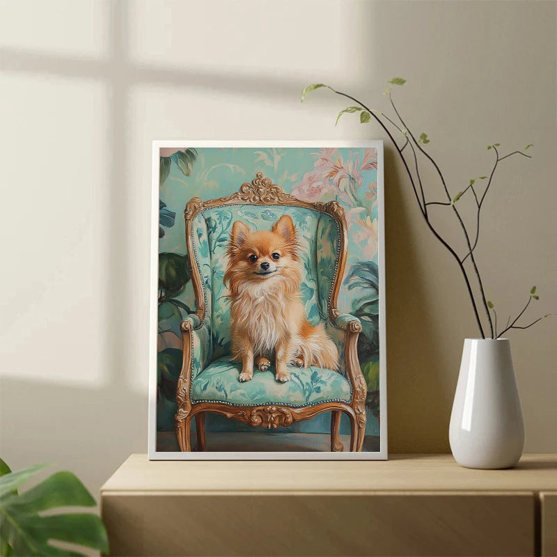 Dog on Stool Retro Canvas Wall Art | Bichon Frise Pomeranian