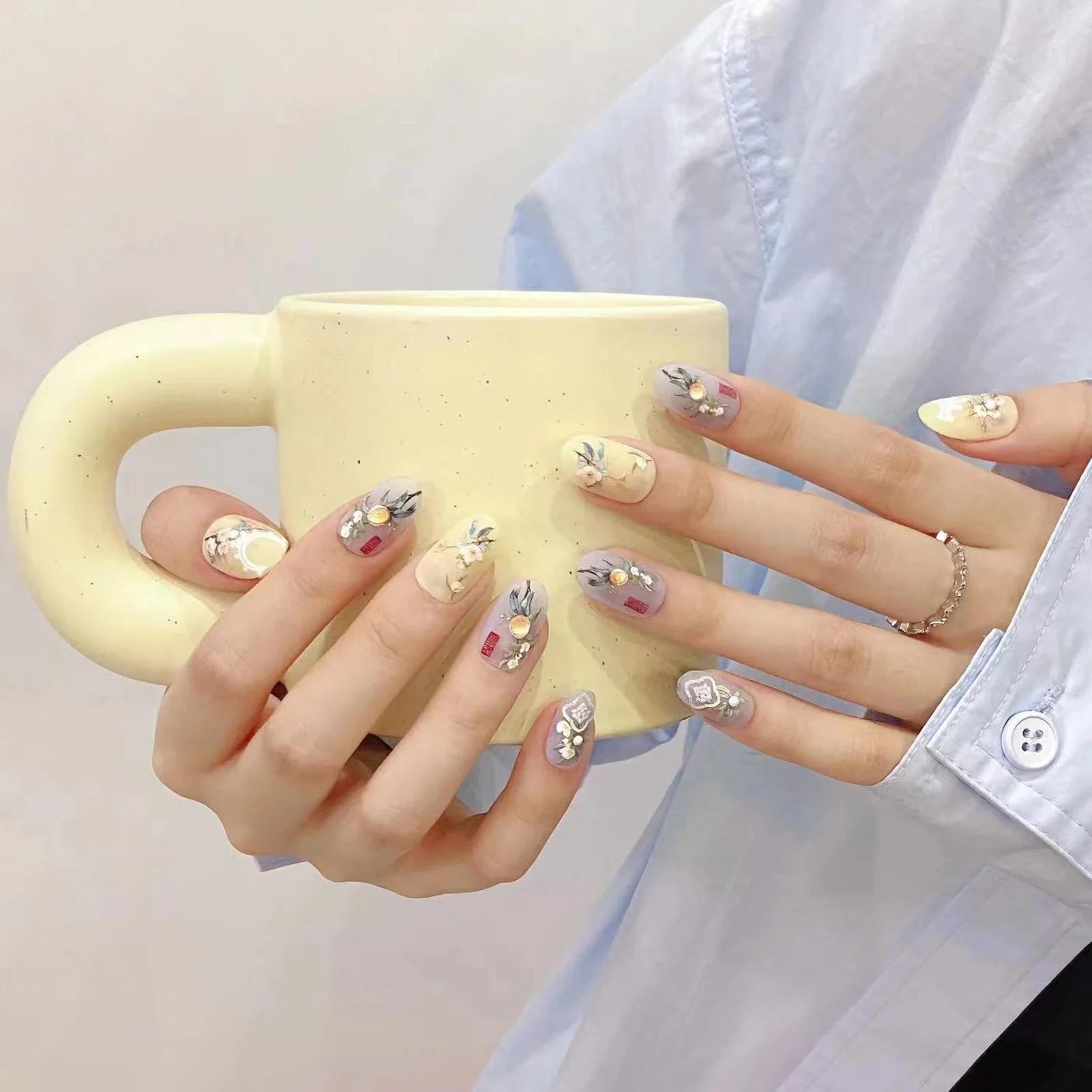 Press On Nails Yellow Blue Floral Pearl Design – Short Round Press On Nails Peaceful Pleasures Health and Wellness