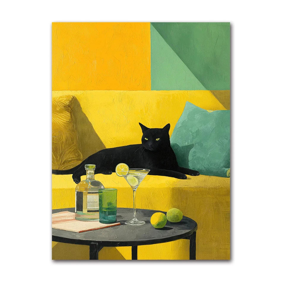 Cat with Cocktail Smoking Poster Canvas Painting Print Wall Art for Living Room Home Decor More Spaghetti, Less Upsetti Black Peaceful Pleasures Health and Wellness T81885-13 40x50cm