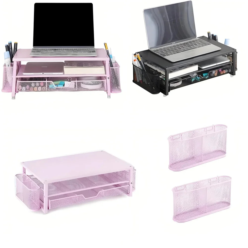 2-Tier Desk Organizers and Accessories, Pink & Black Computer Monitor Stand with Drawer, Pen Storage & Tablet Phone Holder Peaceful Pleasures Health and Wellness