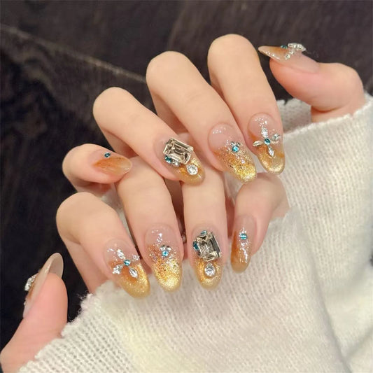 Glass Bead Cat Eye Press On Nails – 10pc Luxury False Nail Set Press On Nails Peaceful Pleasures Health and Wellness