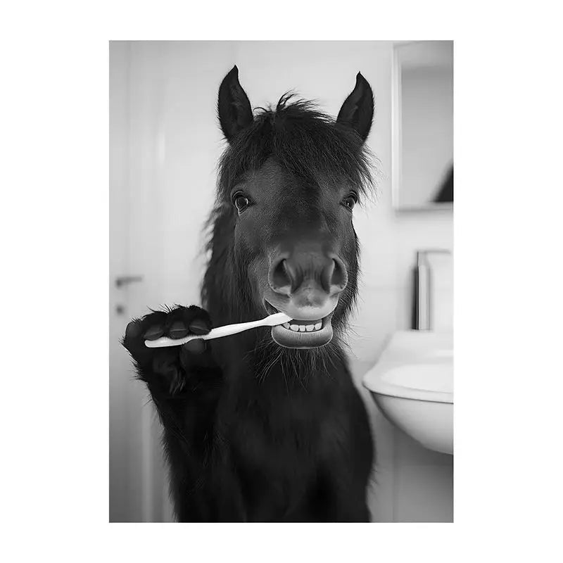 Funny Bathroom Animal Canvas Wall Art | Vintage Brushing Teeth