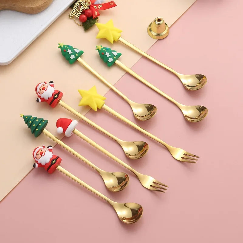 1/2/4/6pcs fancy christmas cartoon Doll gift sets stainless steel christmas tableware coffee spoon and fork set with gift box Peaceful Pleasures Health and Wellness