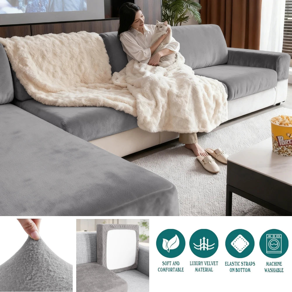 Luxury Soft Velvet Sofa Seat Cover Solid Elastic Sofa Cushion Covers Separate Furniture Protector Sofa Cover Living Room Pets Peaceful Pleasures Health and Wellness Sliver Grey Backrest-1pc