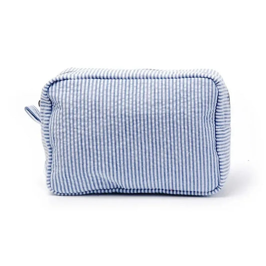 Seersucker Ruffle Cosmetic Bag | Pink Purple Striped Makeup Bag Cosmetic Travel Bag Peaceful Pleasures Health and Wellness