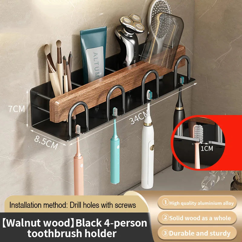 Wall-Mounted Wood Toothbrush Rack & Mug Holder with Squeezer