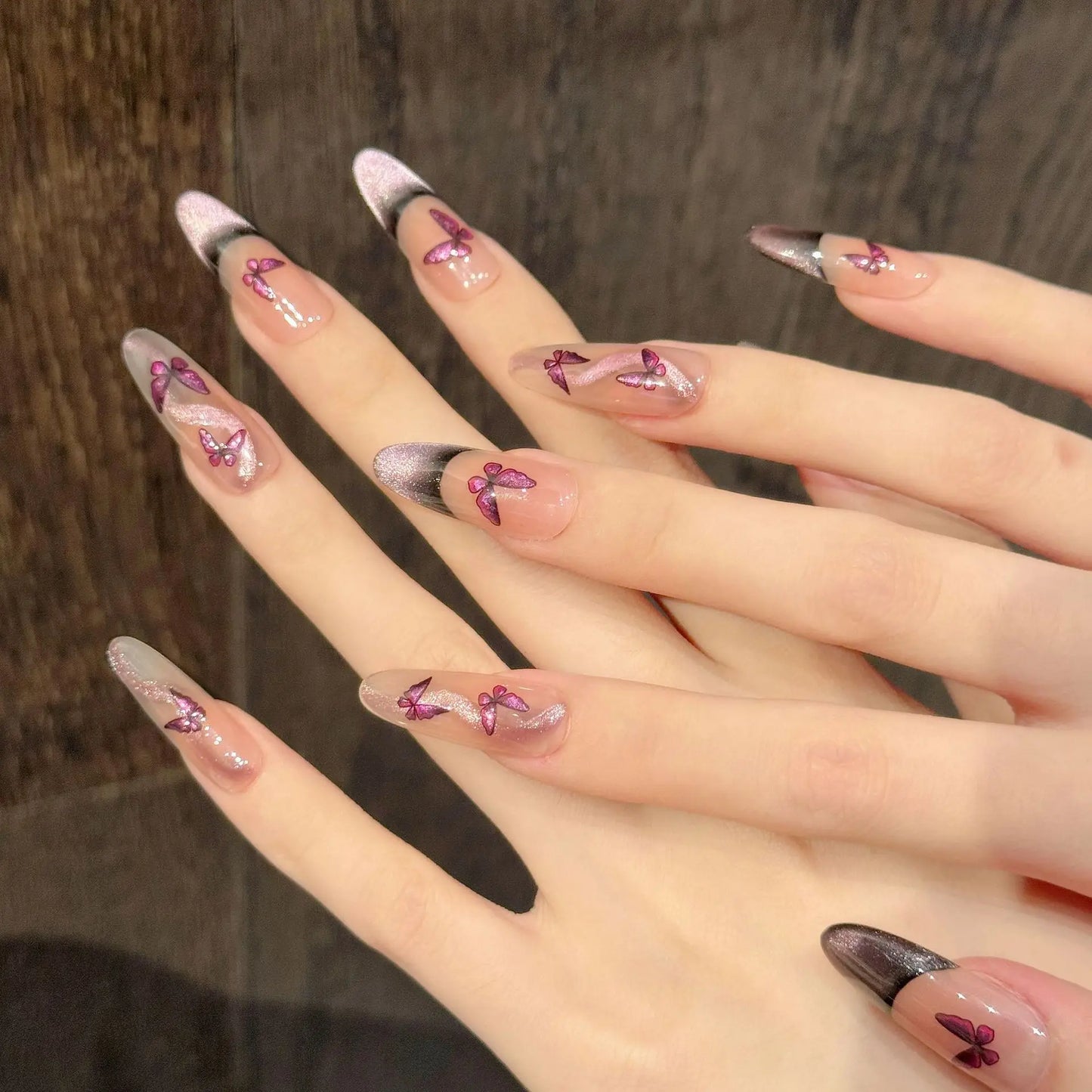 10pcs Handmade Rose Purple French Cat's Eye Press on Nails Glitter Butterfly Designs Fake Nails Wearable Ins Short False Nails Peaceful Pleasures Health and Wellness L