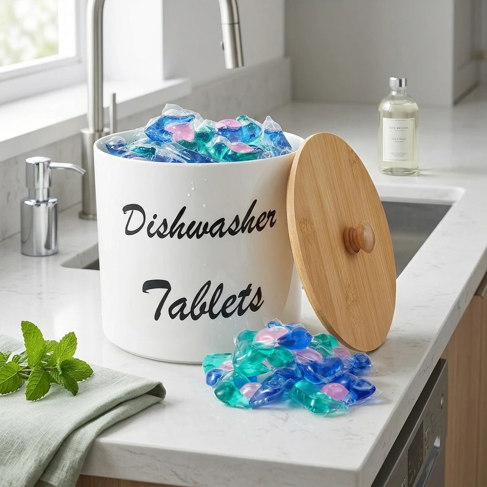 Dishwasher Pod Container with Lid Acrylic Dishwasher Detergent Container, Farmhouse Kitchen Tablet Organizer, Round Peaceful Pleasures Health and Wellness