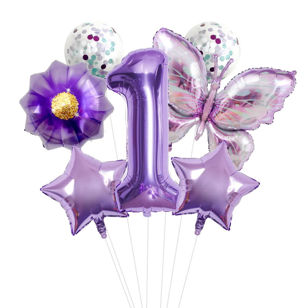 Purple Butterfly Flower 32 Inch Digital Aluminum Film Balloon Set for Children's Birthday Party Decoration Scene Arrangement Peaceful Pleasures Health and Wellness Number 1 32inch