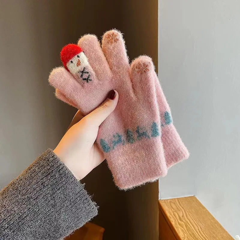 Winter Women Knit Gloves Cute Snowman Touch Screen Thick Warm Windproof Cold Proof Five Fingers Gloves Outdoor Full Finger Mitts Peaceful Pleasures Health and Wellness pink