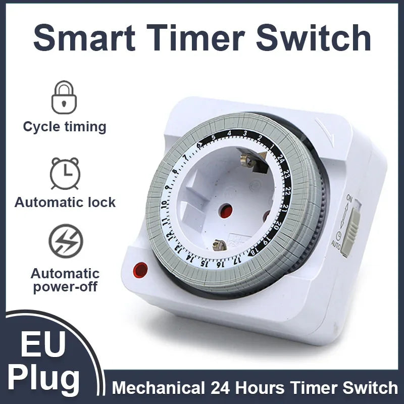 EU Plug 24 Hours Timer Switch Mechanical Smart Countdown Switch Socket Indoor Automatic Power-off Cycle Timing Switch Socket Peaceful Pleasures Health and Wellness