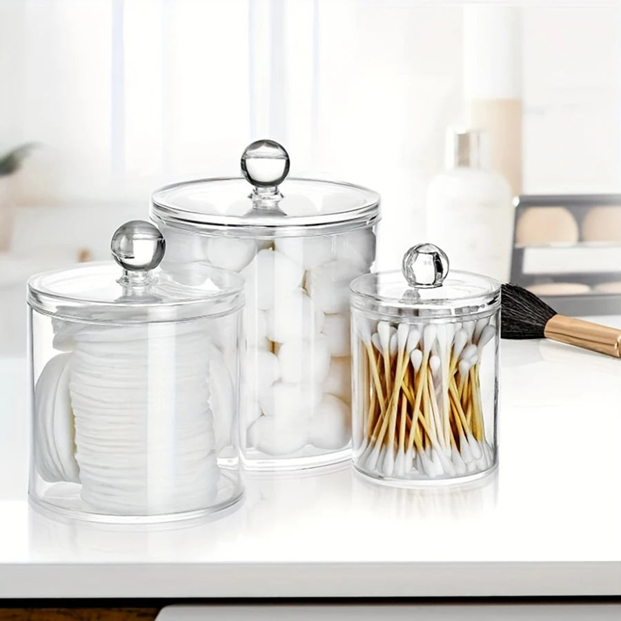 3 Pcs Acrylic Apothecary Jars with lid Clear Qtip Holder Dispenser Storage Box Bathroom Organizer Canisters for Cotton Swab Peaceful Pleasures Health and Wellness