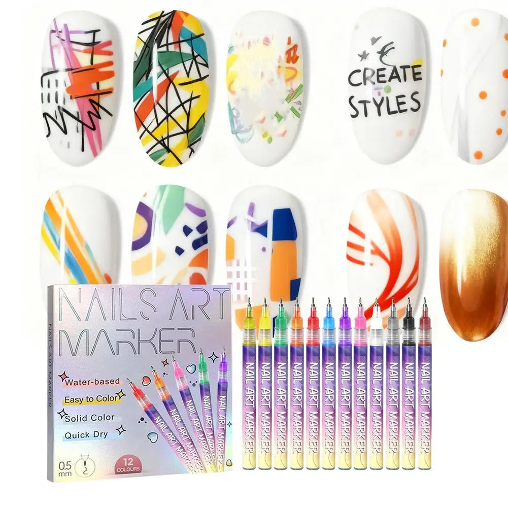 12-Piece Nail Art Graffiti Pen Set – Waterproof Colour Markers