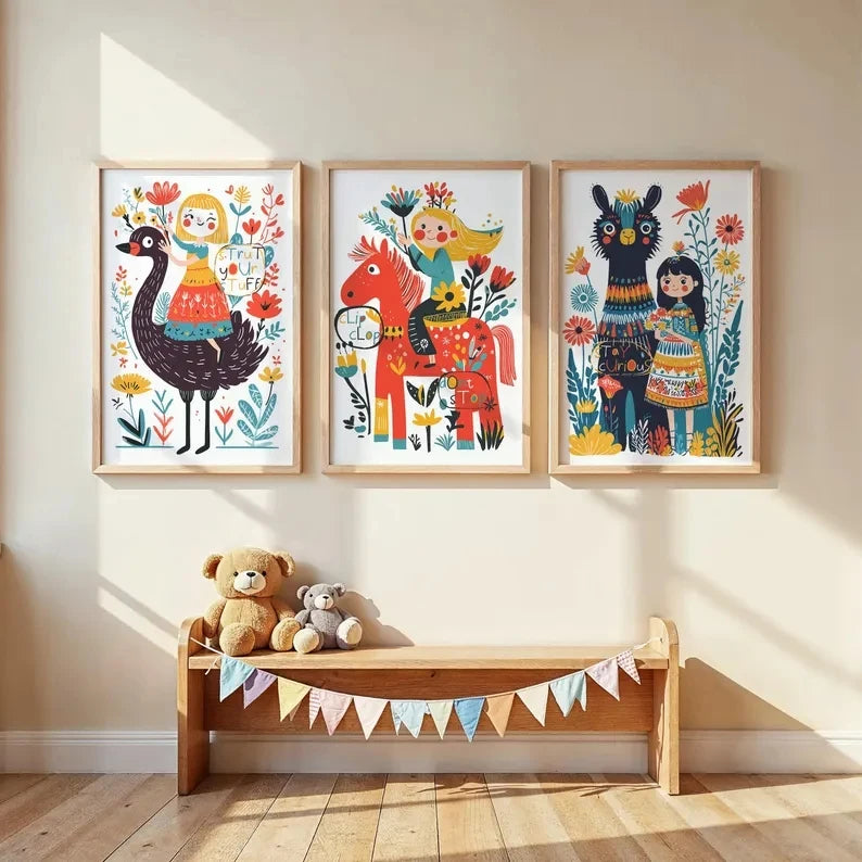 3-Piece Kids Horse & Bird Canvas Wall Art | Whimsical Decor