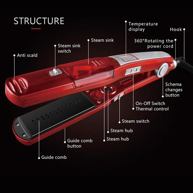 Cross-Border Hydrating Ceramic LED Hair Straightener Steam Care Electric Clip-on Splint Straightening Iron with Fast Heating Peaceful Pleasures Health and Wellness