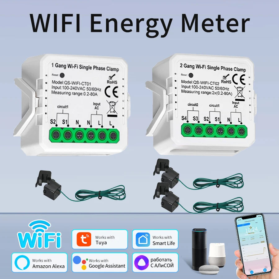 Tuya WiFi Digital Energy Smart Meter 1/2 CH 80A Current Transformer Clamp Solar PV System Power Production Consumption Monitor Peaceful Pleasures Health and Wellness