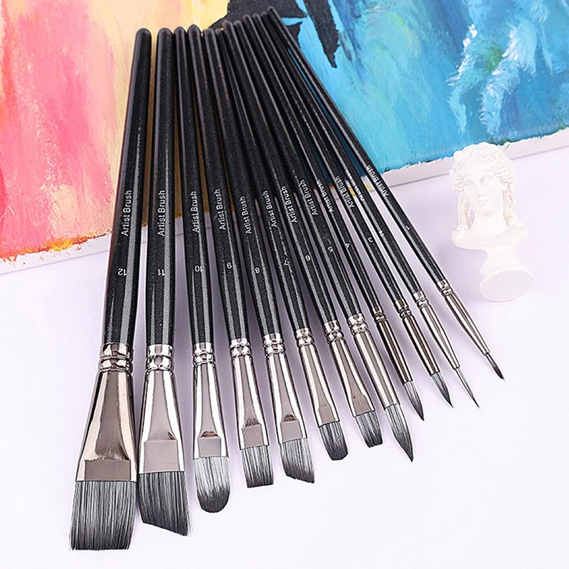 12-Piece Paint Brush Set – Nylon, Acrylic, Watercolor, Oil