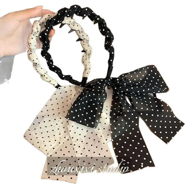 Polka Dot Bow Braided Headband – Non-Slip Chiffon for Women