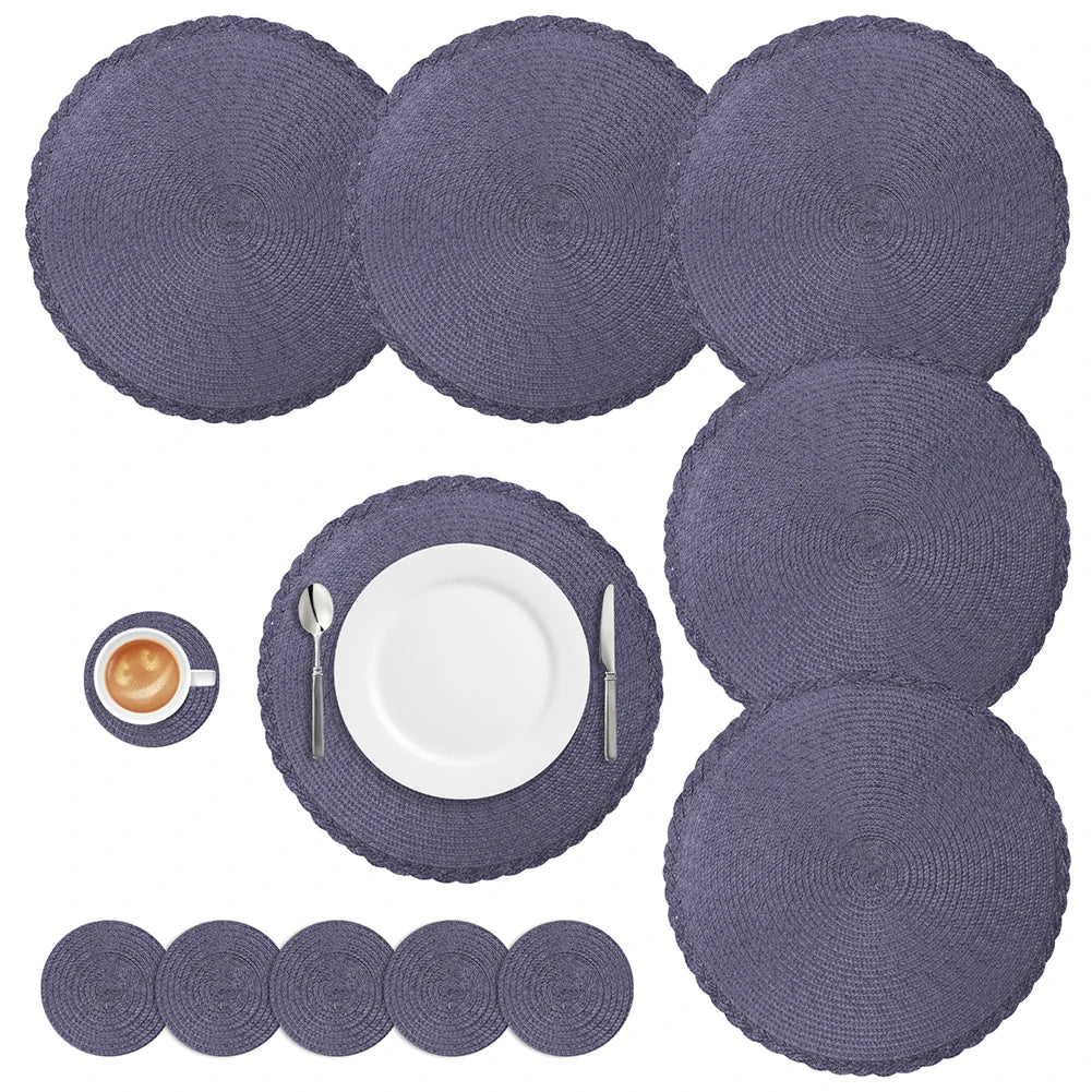 Round Braided Set of 6 Washable Round Placemats for Christmas Kitchen Wedding Dining Table 34cm Woven Heat Resistant Place Mats Peaceful Pleasures Health and Wellness Dark blue 1 set Round
