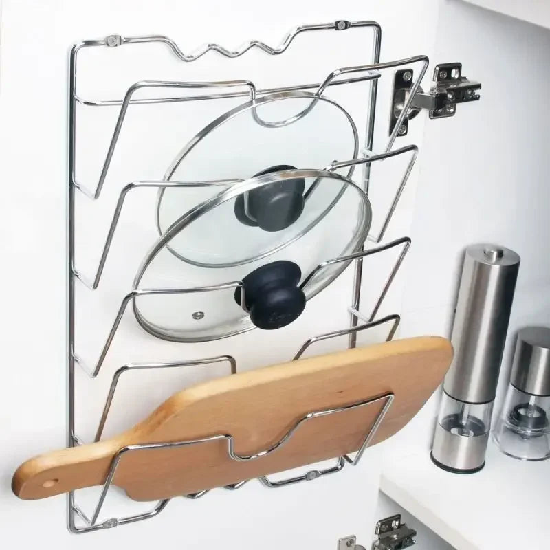 5-Layer Stainless Steel Pot Lid & Kitchen Organizer Rack – Wall Mount or Cabinet Door Storage for Lids, Cutting Boards & Trays