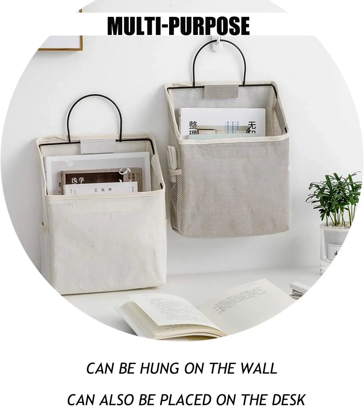 Cotton Linen Wall-Hanging Storage Basket, Organizer for Kitchen Bedroom Living Room in White Peaceful Pleasures Health and Wellness