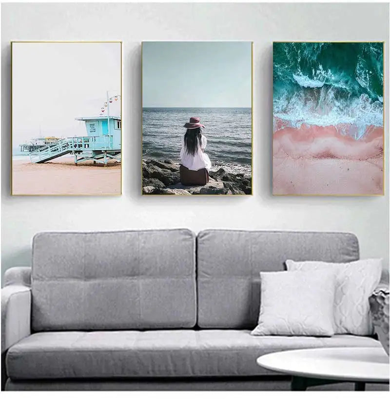 Scandinavian Ocean Beach Pink Bus Canvas Wall Art | Nordic Print
