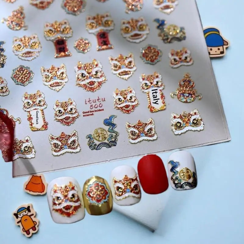 Chinese Style Paper Cuttings Horse Rich Flower Lion Dance Koi Carp Pony New Year Nail Art Stickers DIY Nail Art Decoration Decal Peaceful Pleasures Health and Wellness