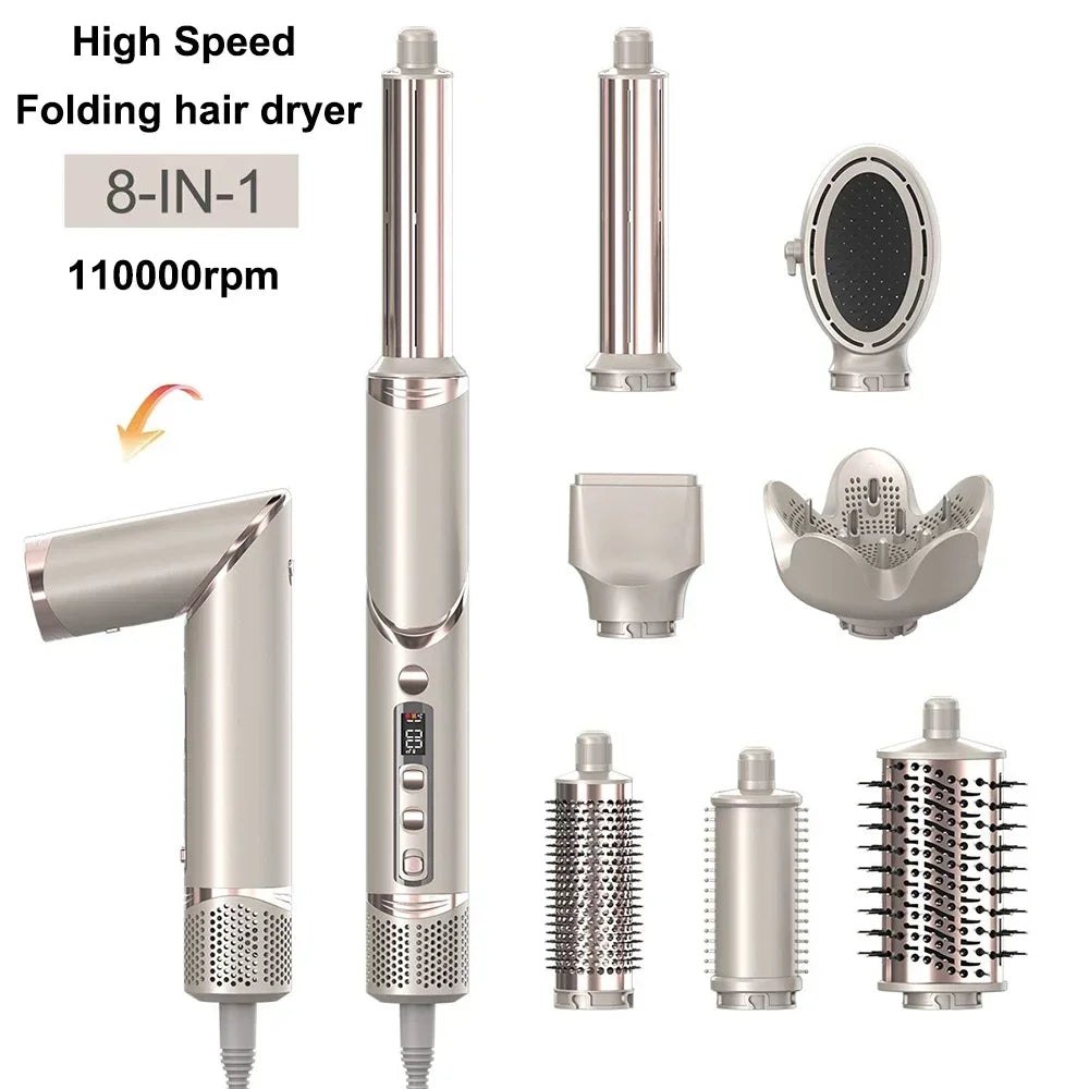 8 in 1 Professional Folding Hair Dryer Airwrap High Speed 110000rpm Blow Dryer Automatic Curling Iron Salon Hair Styling Tools Peaceful Pleasures Health and Wellness