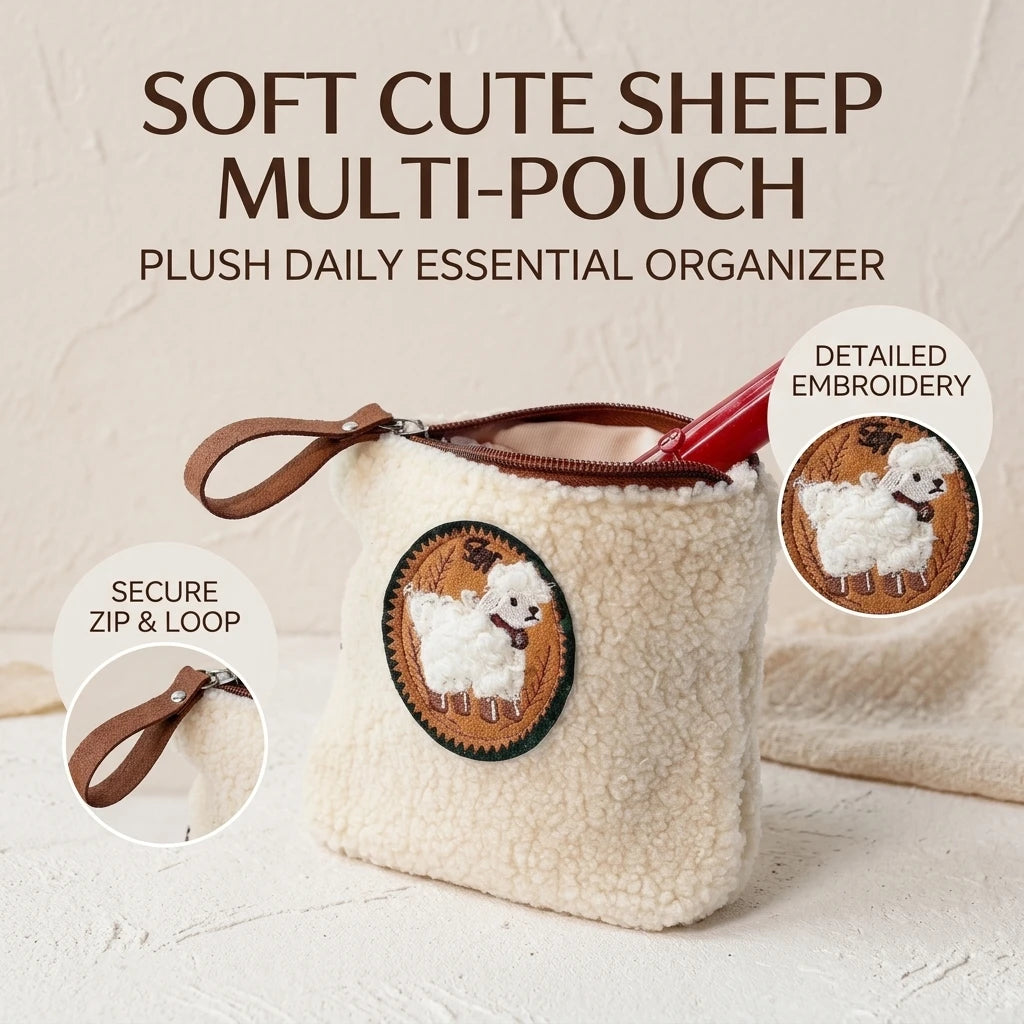 Mini Sheep Coin Purse Keychain for Girls Polyester Plush Embroidered Pouch with Metal Ring Peaceful Pleasures Health and Wellness
