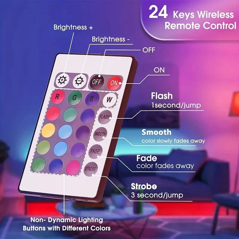 RUNTOIN RGB LED Strip Light | Music Sync & 24-Key Remote USB