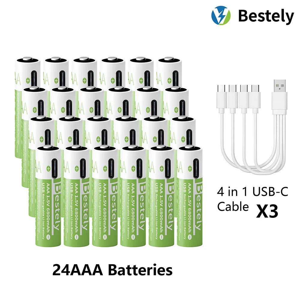 AAA Battery Rechargeable 2000+ Cycles 1.5V 6800mAh Li-ion Type-C Charging Triple Safety Long-Lasting Power Batteries Peaceful Pleasures Health and Wellness 24 pcs AAA Batteries