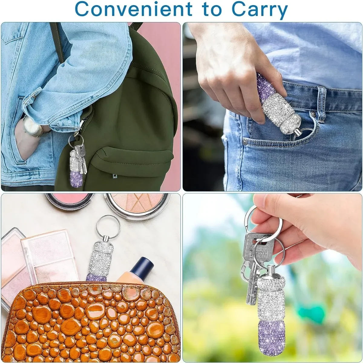 Bling Keychain Pill Box 2 Compartments Small Travel Pill Case Organizer Crystal Diamond Medicine Bottle Pill Bottle Keychain Peaceful Pleasures Health and Wellness