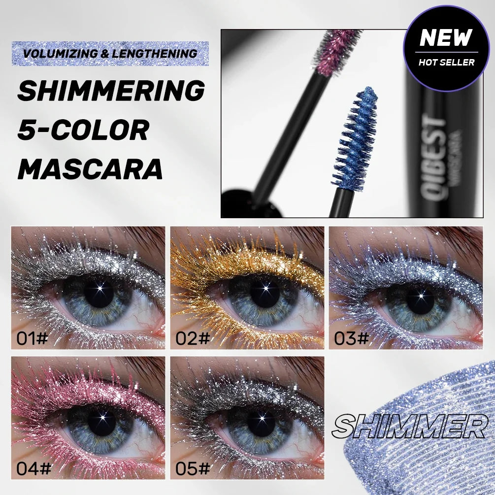QIBEST 5 Colors Diamond Glitter Mascara Long Lasting Makeup 3D Volume Eyelashes Curling Shimmer Mascara Charming Eye Lash Tools Peaceful Pleasures Health and Wellness