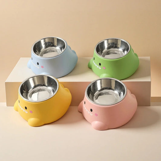Cartoon Dinosaur Elevated Tilted Pet Bowl | Stainless Steel Elevated Pet Bowl Peaceful Pleasures Health and Wellness