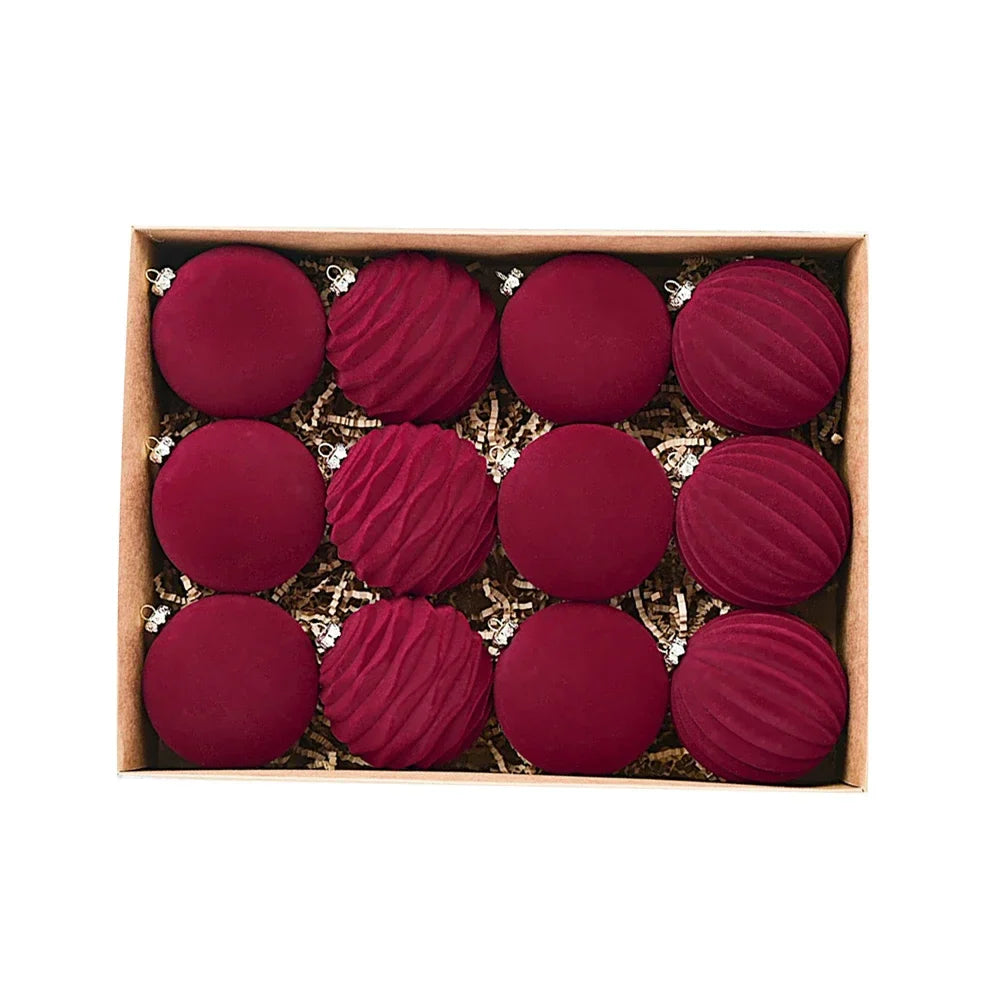 Flocked Velvet Christmas Ball Ornaments – Set of 12 | 3.15"
