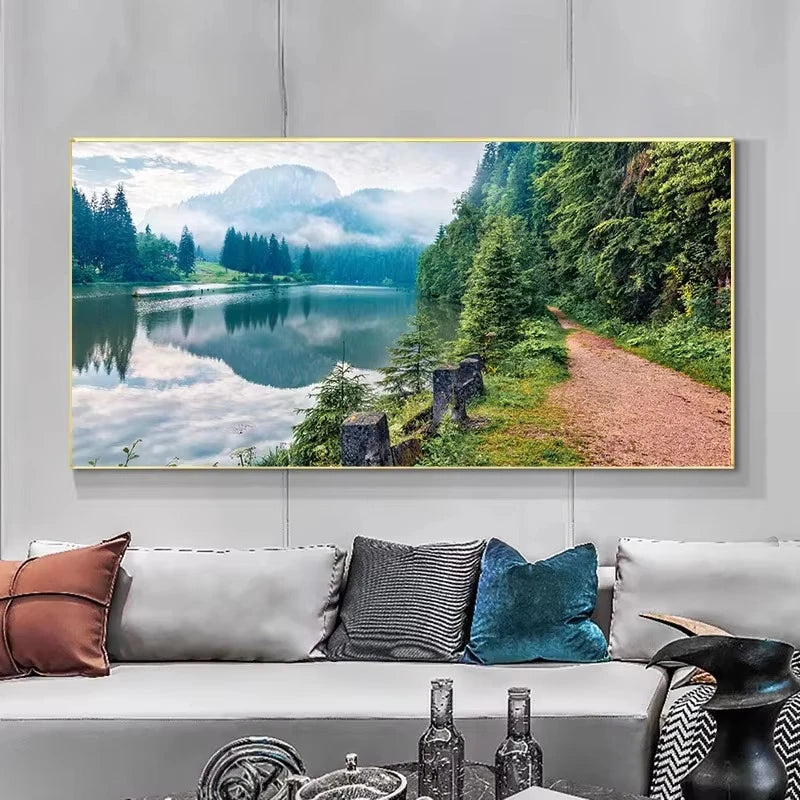 Nature Landscape Canvas Wall Art – Sunshine Forest Lake Print Landscape Canvas Print Peaceful Pleasures Health and Wellness ZLH2584 100x200cm No Frame