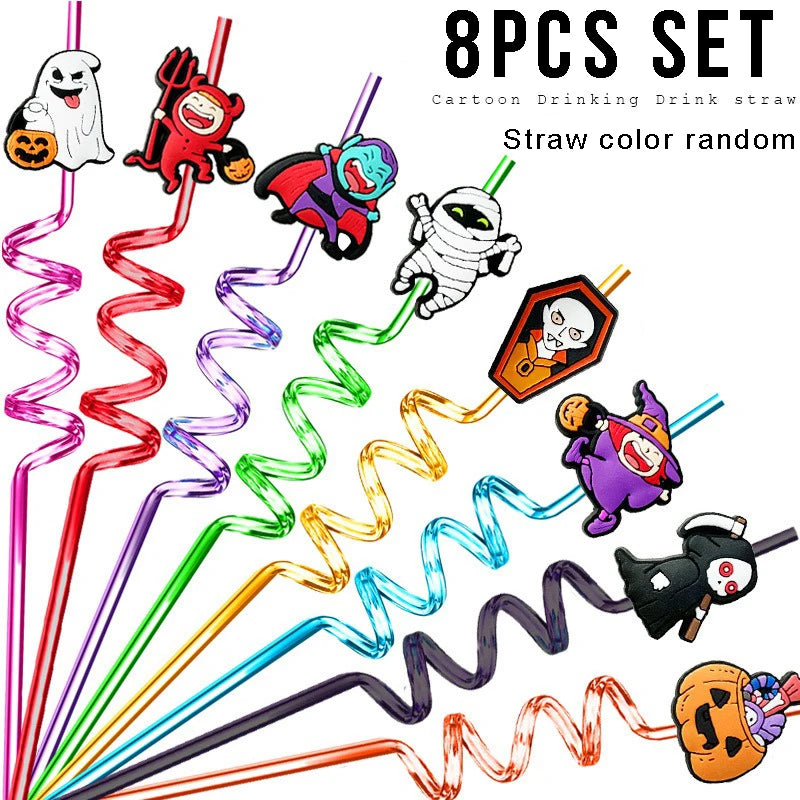 8pcs 27cm Plastic Halloween Straw Reusable Miner Plastic Spiral Drinking Straws Kids Birthday Party Decorations Juice Straws Peaceful Pleasures Health and Wellness 8pcs
