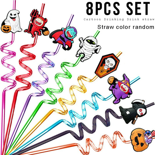 8pcs 27cm Plastic Halloween Straw Reusable Miner Plastic Spiral Drinking Straws Kids Birthday Party Decorations Juice Straws Peaceful Pleasures Health and Wellness 8pcs