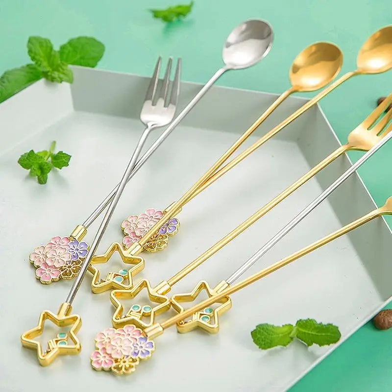 Cherry Blossom Spoon Fork Stainless Steel Coffee Kitchen Star Long