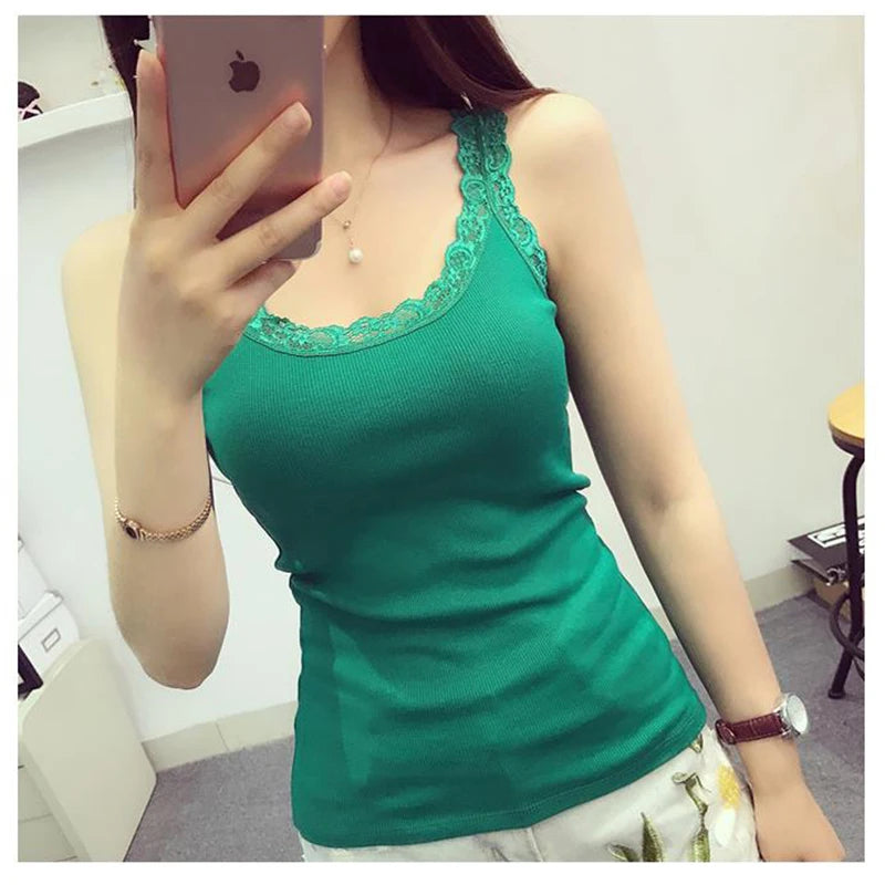 Tank Tops Women Summer O-neck Solid Color Female U-shaped Low Cut Lace Suspender Vest 2024 New Sleeveless Camisole For Ladies Peaceful Pleasures Health and Wellness Grass green One Size